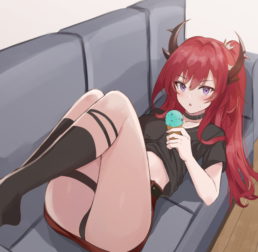 1girl :o arknights bangs black_legwear black_panties black_shirt blush collar couch eyebrows_visible_through_hair food food_on_face holding holding_food horns ice_cream ice_cream_cone kneehighs long_hair looking_at_viewer lying miniskirt multico official_alternate_costume on_back on_couch open_mouth panties ponytail red_skirt redhead shirt short_sleeves sidelocks skirt solo surtr_(arknights) thigh_strap underwear upskirt violet_eyes wooden_floor