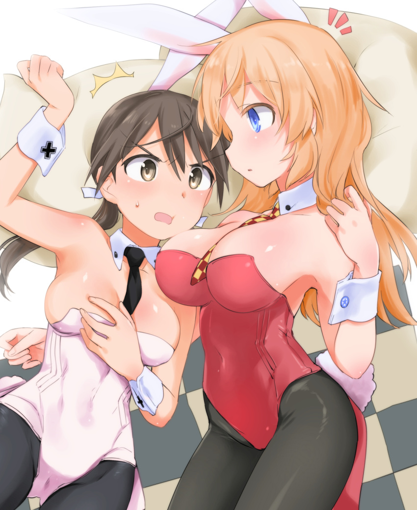2girls ^^^ alternate_costume animal_ears aohashi_ame arm_around_back arm_up bangs between_breasts black_legwear black_neckwear blue_eyes blush breasts brown_eyes brown_hair bunny_tail charlotte_e._yeager checkered checkered_neckwear coattails commentary_request commission covered_navel covering covering_breasts cross detached_collar eyebrows_visible_through_hair fake_animal_ears fake_tail frown gertrud_barkhorn highres large_breasts leotard long_hair looking_at_another low_twintails medium_hair multiple_girls necktie notice_lines open_mouth orange_hair pantyhose parted_lips playboy_bunny rabbit_ears red_leotard red_neckwear skeb_commission standing star_(symbol) strapless strapless_leotard strike_witches sweatdrop tail twintails white_leotard wing_collar world_witches_series wrist_cuffs yellow_neckwear