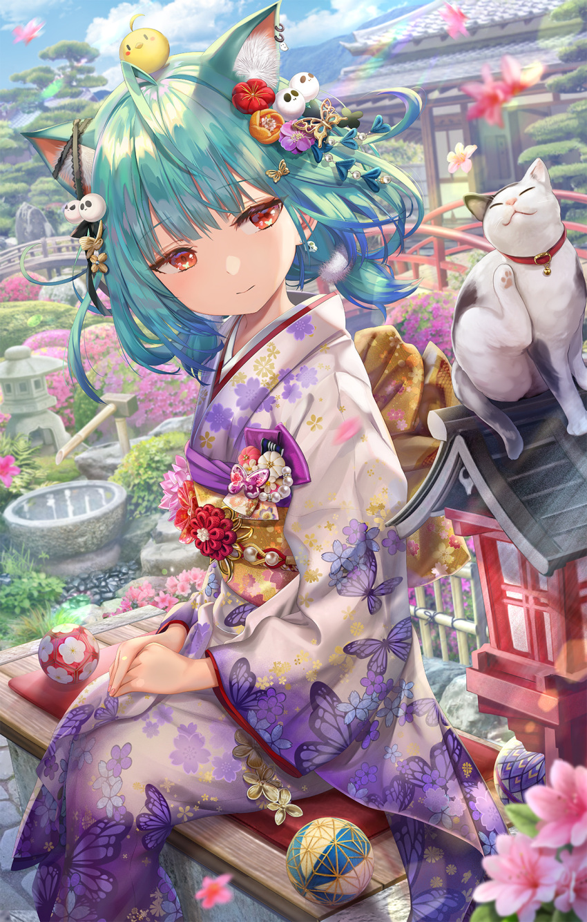1girl animal_ear_fluff animal_ears animal_on_head animal_print bangs bird butterfly_print cat cat_ears commentary_request day earrings eyebrows_visible_through_hair feet_out_of_frame floral_print flower green_hair hair_flower hair_ornament hands_on_own_thighs highres hololive japanese_clothes jewelry kimono long_sleeves medium_hair necromancer obi on_head outdoors own_hands_together print_kimono red_eyes sash sitting skull_earrings skull_hair_ornament solo torino_akua uruha_rushia virtual_youtuber wide_sleeves