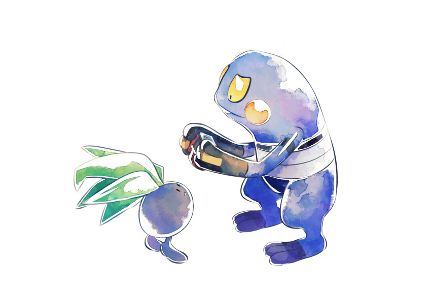 closed_mouth commentary_request croagunk from_side gen_1_pokemon gen_4_pokemon highres holding looking_up muji_bogi no_humans oddish pokemon pokemon_(creature) simple_background standing toes white_background