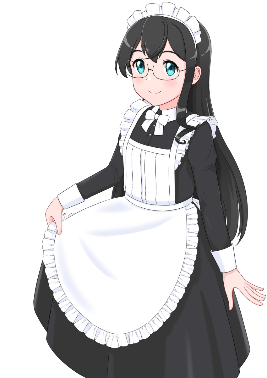 1girl alternate_costume apron black_dress black_hair blue_eyes dress enmaided frilled_apron frills geometrie glasses highres juliet_sleeves kantai_collection long_hair long_sleeves maid maid_apron maid_headdress ooyodo_(kancolle) puffy_sleeves solo white_apron
