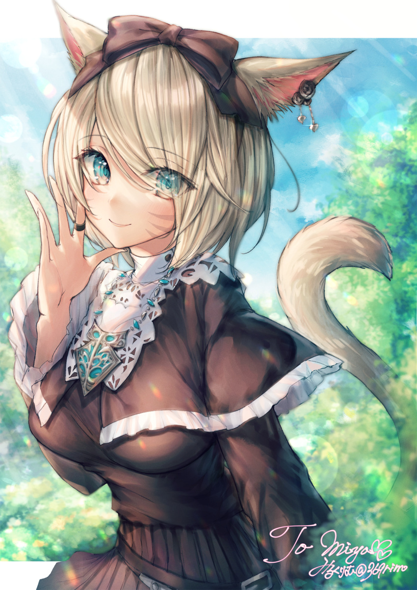 1girl animal_ears black_bow black_dress blonde_hair blue_eyes bow breasts cat_ears cat_tail day dress earrings eyebrows_visible_through_hair eyes_visible_through_hair facial_mark final_fantasy final_fantasy_xiv hair_bow highres jewelry looking_at_viewer medium_breasts miqo'te mirukurim outdoors ring short_hair sitting smile tail whisker_markings