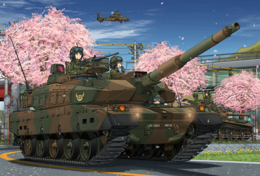 2girls 3boys aircraft cherry_blossoms clouds commentary_request day flower ground_vehicle gun hat helicopter highres japan_ground_self-defense_force japan_self-defense_force machine_gun mikeran_(mikelan) military military_hat military_uniform military_vehicle mirror motor_vehicle mountain multiple_boys multiple_girls original road sky tank tank_helmet traffic_light type_10_(tank) type_74 uniform utility_pole weapon