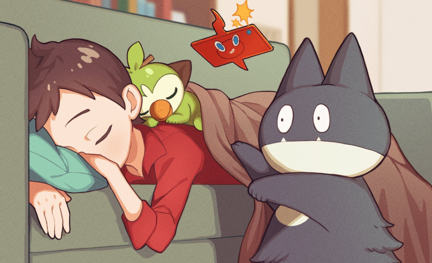 1boy amakara000 blanket brown_hair closed_eyes couch creature cushion from_below gen_4_pokemon gen_8_pokemon grookey highres indoors lying male_focus munchlax on_stomach pokemon pokemon_(creature) pokemon_(game) pokemon_on_back pokemon_swsh red_shirt rotom rotom_phone shirt short_hair sleeping sleeves_rolled_up starter_pokemon symbol_commentary victor_(pokemon)