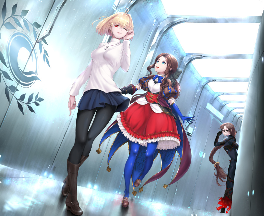 1girl 3girls absurdres arcueid_brunestud arm_strap bangs black_bow black_dress black_gloves black_legwear blonde_hair blue_eyes blue_gloves blue_skirt blush bow braid braided_ponytail breasts brown_dress brown_eyes brown_hair dress earrings elbow_gloves fate/grand_order fate_(series) forehead gauntlets glasses gloves grey_dress hair_bow hair_intakes hallway highres huge_filesize jewelry layered_dress leonardo_da_vinci_(fate) leonardo_da_vinci_(rider)_(fate) long_hair long_sleeves medium_breasts multiple_earrings multiple_girls name1122 pantyhose parted_bangs ponytail puff_and_slash_sleeves puffy_short_sleeves puffy_sleeves red_eyes red_skirt ribbed_dress short_hair short_sleeves single_braid single_gauntlet skirt small_breasts sweater tsukihime turtleneck very_long_hair yu_mei-ren_(fate)