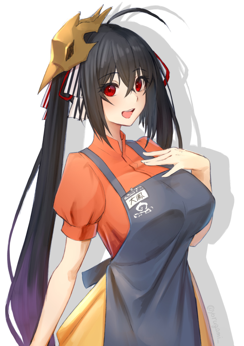 1girl :d ahoge alternate_costume apron azur_lane bangs bird_mask black_hair bow breasts commentary_request contemporary employee_uniform eyebrows_visible_through_hair eyes_visible_through_hair hair_between_eyes hair_bow hair_ribbon highres large_breasts long_hair looking_at_viewer mask mask_on_head name_tag open_mouth orange_shirt red_eyes ribbon shadow shirt short_sleeves sidelocks simple_background skirt smile solo taihou_(azur_lane) translation_request uniform white_background yellow_skirt yorugami_rei