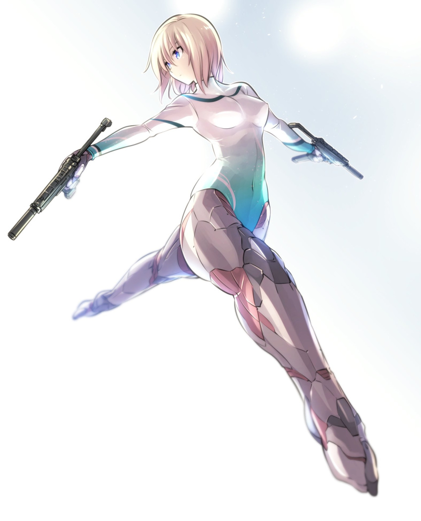 1girl airborne android blonde_hair blue_eyes breasts covered_navel dual_wielding gun highres holding holding_gun holding_weapon ishiyumi leotard long_sleeves mechanical_buddy_universe mechanical_legs medium_breasts momdroid_(mechanical_buddy_universe) science_fiction short_hair solo submachine_gun weapon