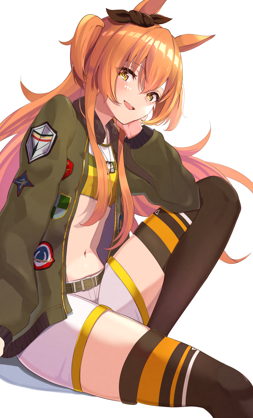 1girl :d absurdres animal_ears appo_(36786257) belt black_legwear crop_top dog_tags flat_chest fur_trim green_jacket hair_ribbon highres horse_ears jacket knee_up long_hair long_sleeves looking_at_viewer mayano_top_gun_(umamusume) midriff navel open_clothes open_jacket open_mouth orange_hair ribbon shirt short_shorts shorts simple_background sitting smile solo stomach thigh-highs twintails two_side_up umamusume white_background white_shorts yellow_eyes yellow_shirt