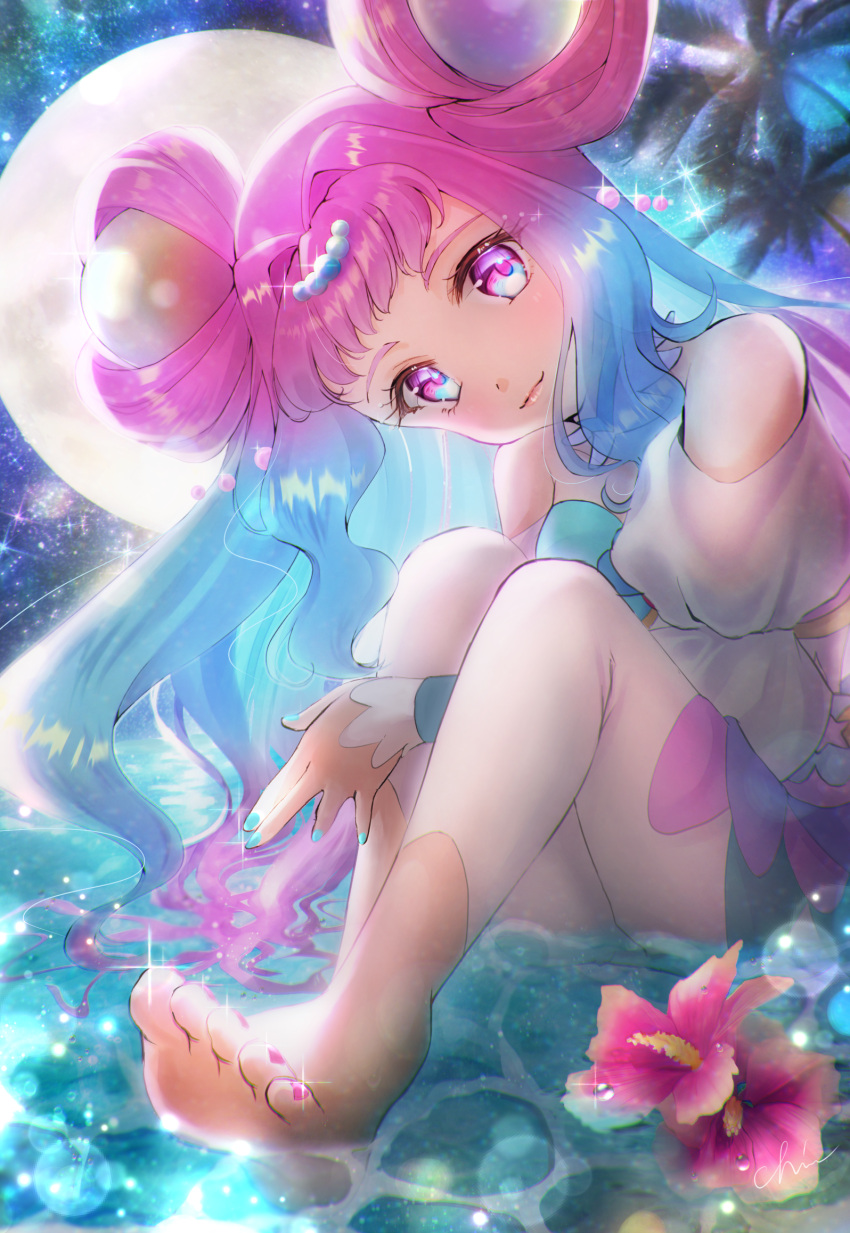 1girl barefoot blue_eyes blue_hair blue_nails closed_mouth clothing_cutout cure_la_mer floating_hair flower full_moon gradient_hair hair_intakes hair_ornament head_tilt hibiscus highres long_hair long_sleeves looking_at_viewer minccino7 moon multicolored_hair nail_polish night palm_tree pants pink_eyes pink_flower pink_hair pink_nails precure shiny shiny_hair shoulder_cutout signature sitting sky smile solo sparkle star_(sky) starry_sky toenail_polish toenails tree tropical-rouge!_precure very_long_hair water white_pants