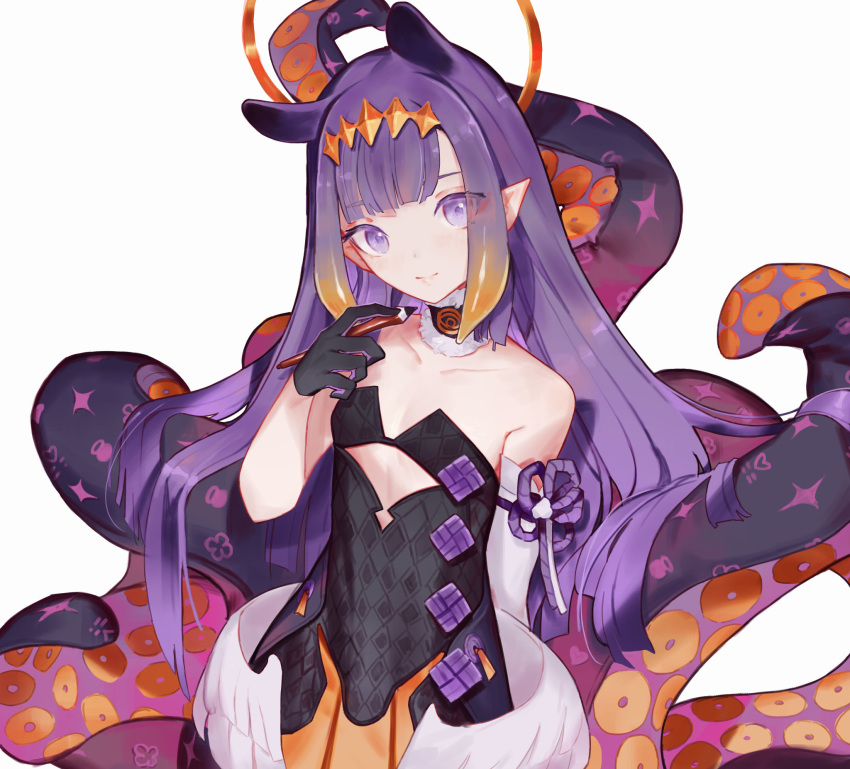 1girl eyebrows_visible_through_hair eyes_visible_through_hair halo highres holding hololive hololive_english ninomae_ina'nis pointy_ears purple_hair simple_background softmode tentacle_hair tentacles violet_eyes virtual_youtuber white_background