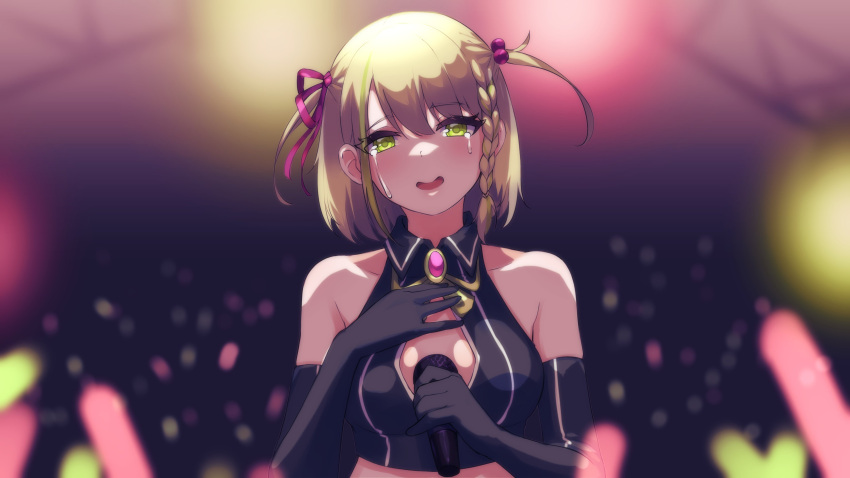 1girl absurdres black_gloves blurry blurry_background braid breasts cleavage_cutout clothing_cutout commentary crying crying_with_eyes_open elbow_gloves english_commentary fuzuki_miki gloves hair_behind_ear highres holding holding_microphone indie_virtual_youtuber light_stick medium_breasts microphone open_mouth second-party_source short_hair smile solo tears two_side_up upper_body valefal_coneri virtual_youtuber