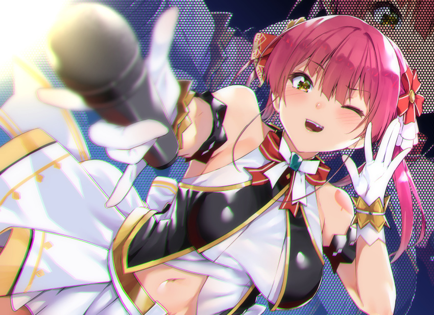 1girl ;d absurdres arm_garter bangs bare_shoulders belt black_vest blush bow bow_skirt breasts clothing_cutout dutch_angle gloves hair_ribbon halter_top halterneck hand_up highres holding holding_microphone hololive hololive_idol_uniform houshou_marine huge_filesize idol idol_clothes koubou_(cowbow_kun) large_breasts long_hair microphone miniskirt navel navel_cutout official_alternate_costume one_eye_closed open_mouth red_ribbon redhead ribbon skirt sleeveless smile stage twintails vest virtual_youtuber white_bow white_gloves white_skirt wrist_cuffs yellow_eyes