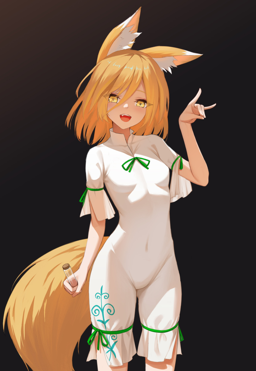 1girl absurdres animal_ear_fluff animal_ears black_background blonde_hair covered_navel cowboy_shot dress fang fox_ears fox_shadow_puppet fox_tail highres holding iranon_(new_iranon) kudamaki_tsukasa looking_at_viewer medium_hair ribbon short_sleeves simple_background smile solo tail touhou vial white_dress yellow_eyes