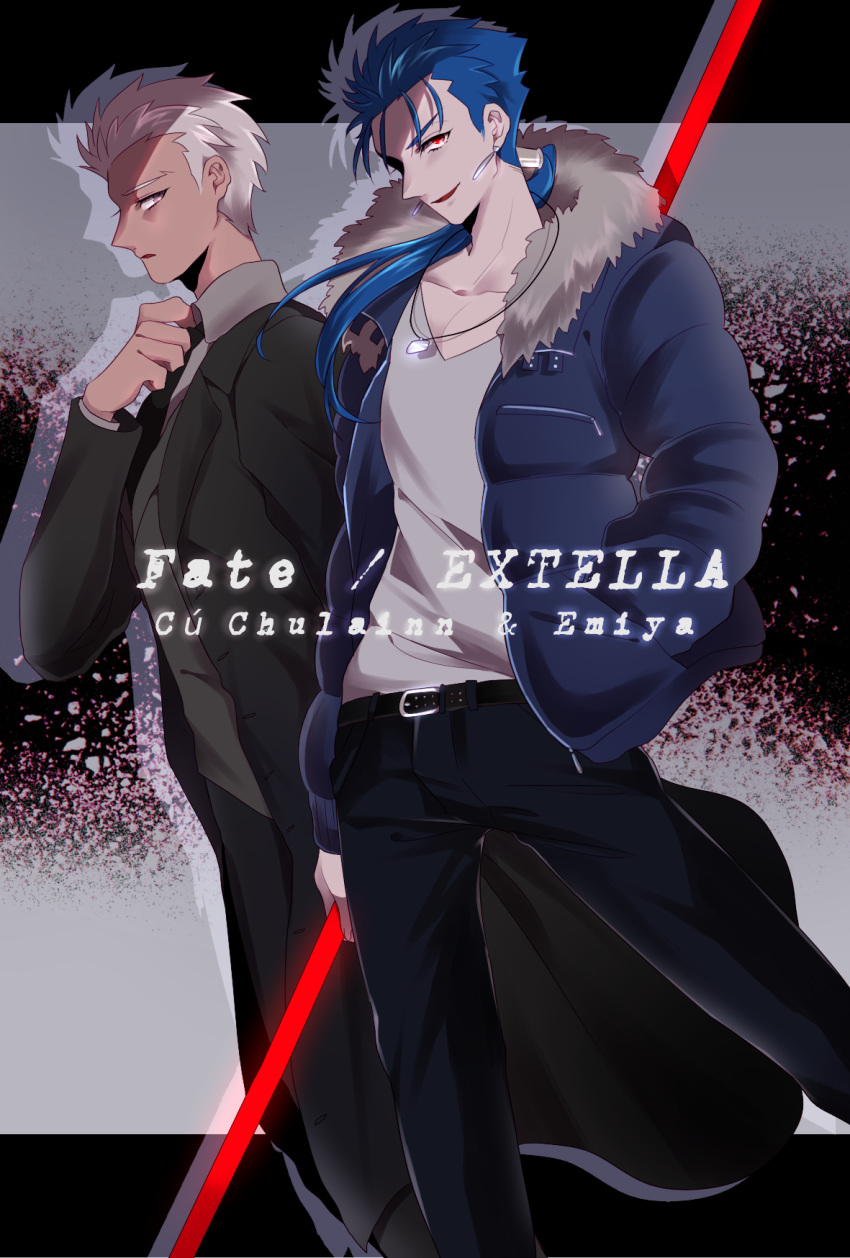 2boys archer_(fate) blue_hair casual collar_tug cu_chulainn_(fate)_(all) cu_chulainn_(fate/stay_night) dark_skin dark_skinned_male earrings fate/extella fate/extra fate_(series) formal fur-trimmed_jacket fur_trim gae_bolg_(fate) grey_eyes highres jacket jewelry male_focus multiple_boys namahamu_(hmhm_81) necklace polearm ponytail red_eyes spear suit violet_eyes weapon white_hair