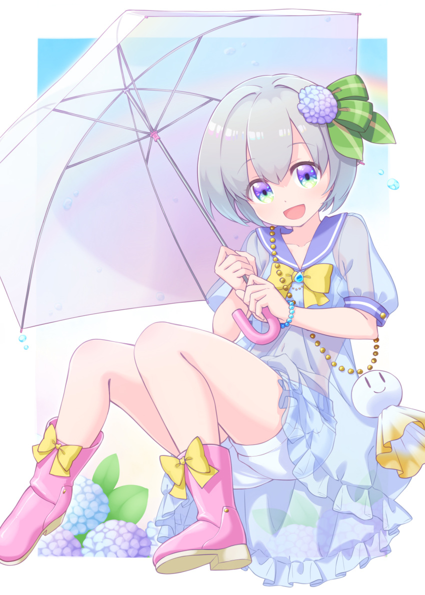 1girl :d bangs blue_dress blue_eyes blue_flower blue_sailor_collar blush boots bow commentary_request dress eyebrows_visible_through_hair flower grey_hair hair_between_eyes hair_flower hair_ornament highres holding holding_umbrella hydrangea looking_at_viewer open_mouth original pink_footwear puffy_short_sleeves puffy_sleeves purple_flower rubber_boots sailor_collar sailor_dress sansei_rain see-through short_hair short_shorts short_sleeves shorts smile solo teruterubouzu transparent transparent_umbrella umbrella water_drop white_shorts yellow_bow