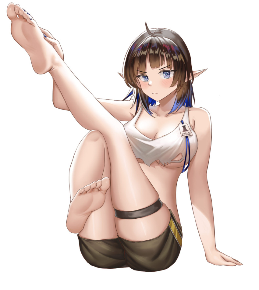 1girl arknights bandeau bare_arms bare_legs barefoot black_hair black_shorts blue_eyes eunectes_(arknights) feet feet_up highres legs legs_up no_shoes pointy_ears short_hair shorts simple_background soles tank_top toes white_background