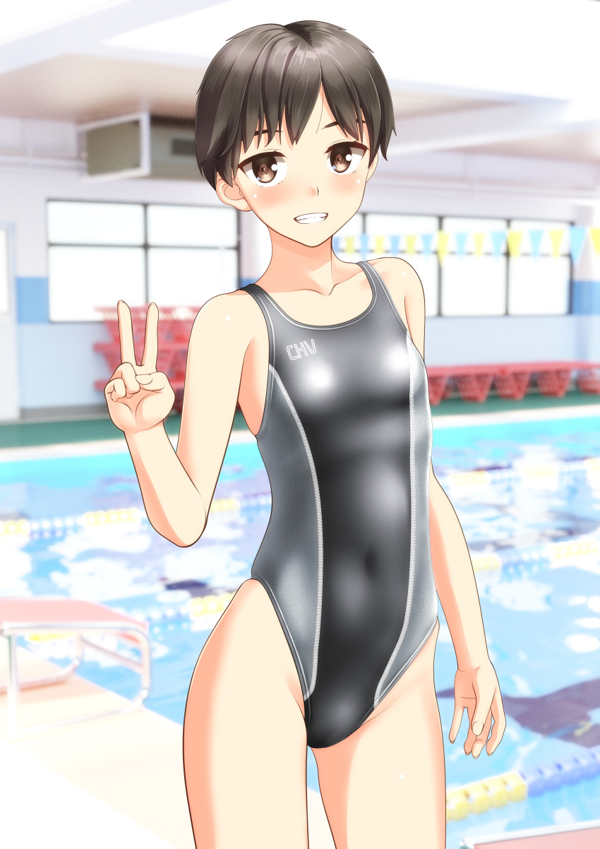 1girl absurdres black_hair breasts brown_eyes chair clothes_writing competition_swimsuit cowboy_shot grey_swimsuit grin highres indoors looking_at_viewer lounge_chair one-piece_swimsuit original pool short_hair small_breasts smile solo swimsuit takafumi tomboy v water window