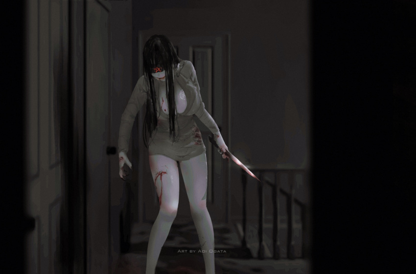 1girl aoi_ogata black_hair blood blurry blurry_background clip_studio_paint_(medium) commentary cuts depth_of_field door english_commentary facing_viewer grey_shirt holding holding_knife horror_(theme) indoors injury knife long_hair long_sleeves original pentagram railing shirt solo