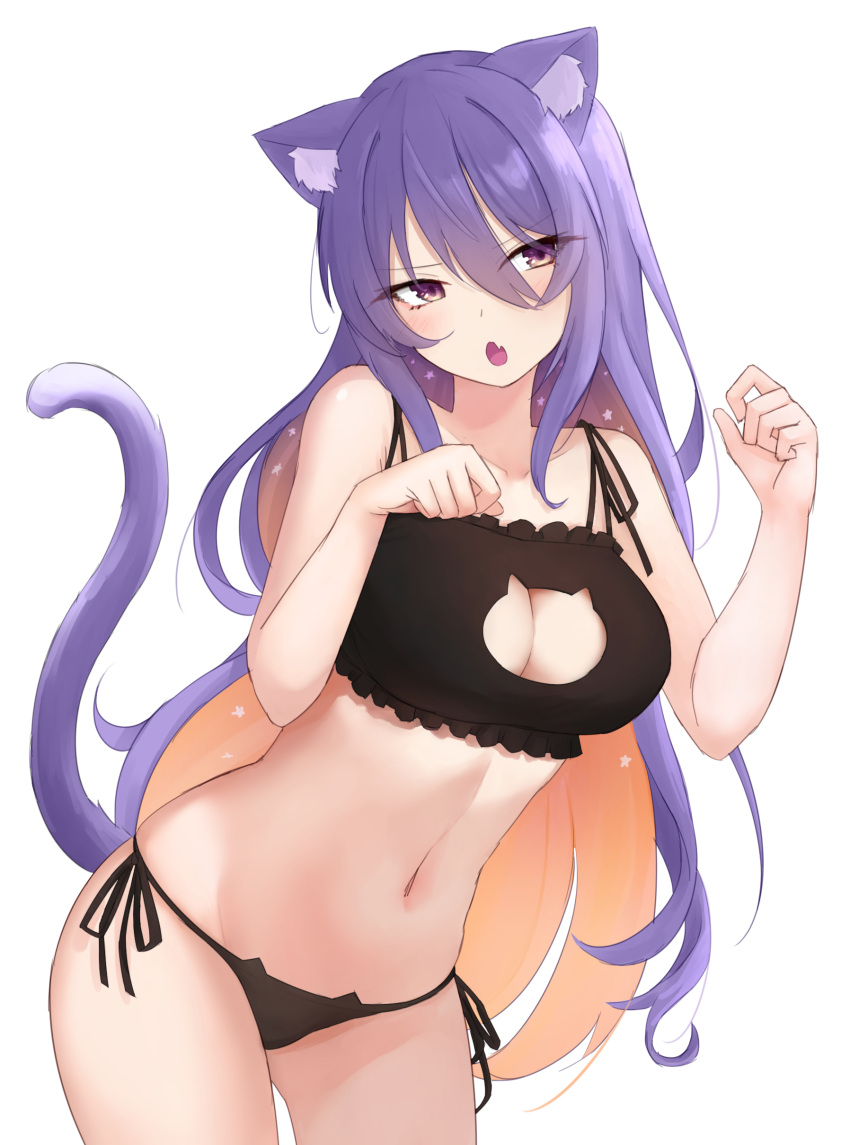 1girl absurdres animal_ears aurapls breasts cat_cutout cat_ears cat_lingerie cat_tail clothing_cutout fang highres hololive hololive_indonesia large_breasts long_hair meme_attire moona_hoshinova multicolored_hair navel panties paw_pose purple_hair side-tie_panties tail two-tone_hair underwear white_background
