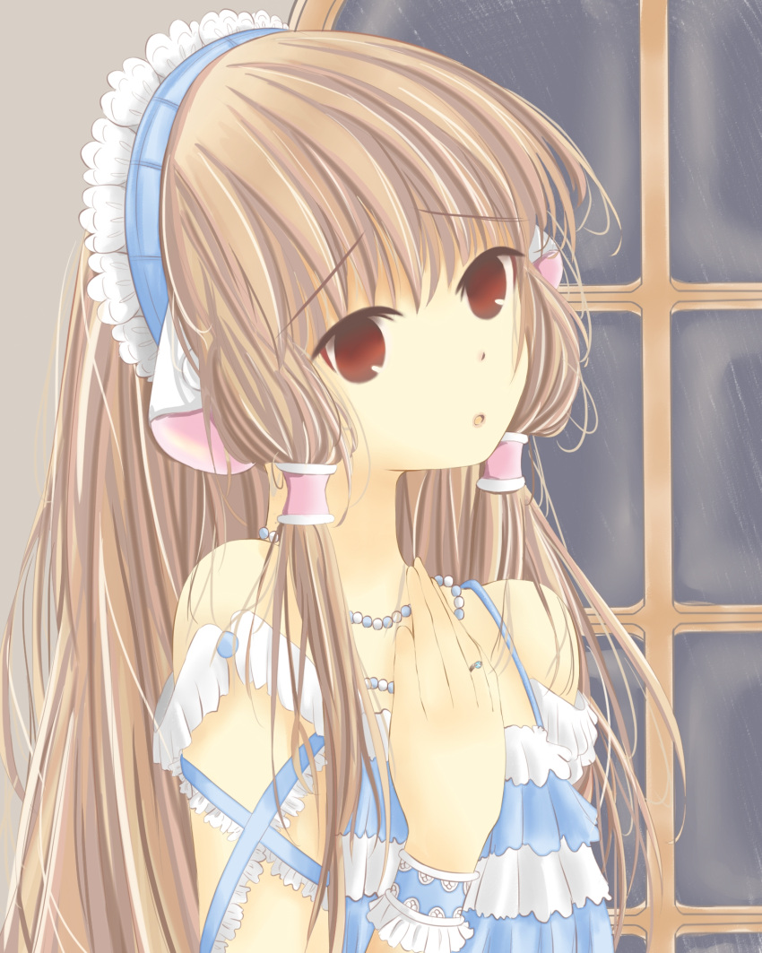 1girl bead_necklace beads blonde_hair blue_dress bracelet brown_eyes chii chobits commentary dress eyebrows_visible_through_hair flat_chest frilled_bracelet frilled_dress frills hair_tubes hand_on_own_chest head_tilt highres jewelry lips long_hair maid_headdress necklace open_mouth raised_eyebrows sidelocks solo tareme two-tone_dress upper_body user_pwjt8483 white_dress window worried
