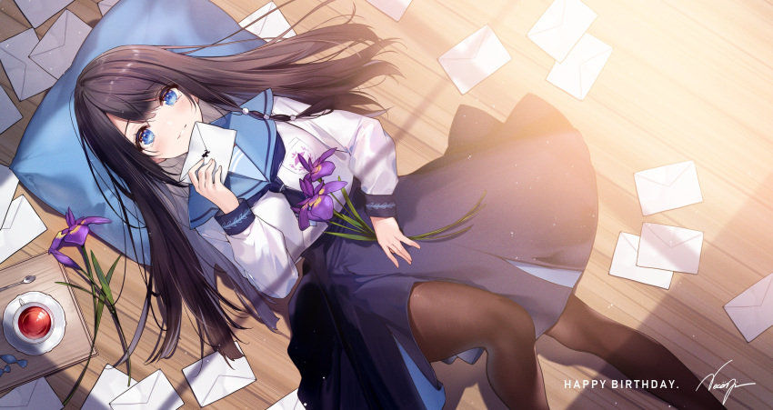1girl black_hair blue_eyes blue_neckwear blue_sailor_collar blush brown_legwear commentary_request crying crying_with_eyes_open cup envelope feet_out_of_frame flower happy_birthday happy_tears highres holding holding_envelope knee_up long_hair long_sleeves looking_at_viewer lying medium_skirt neckerchief necomi on_back on_floor pantyhose parted_lips pillow princess_letter(s) purple_flower sailor_collar saucer school_uniform serafuku shirt signature skirt smile solo spoon tea teacup tears tray very_long_hair violet_eyes white_shirt wooden_floor