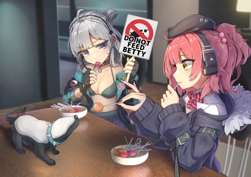 2girls absurdres beret blue_eyes bowl breasts candy collar commission english_text fingerless_gloves food girls_frontline gloves grey_hair hat highres honey_badger honey_badger_(girls_frontline) llpfmfc lollipop long_hair medium_breasts mp7_(girls_frontline) multiple_girls nail_polish off_shoulder red_nails redhead side_ponytail skeb_commission yellow_eyes