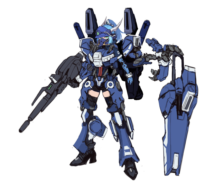 1girl aqua_eyes blue_gloves blue_hair blue_headwear extra_arms gloves gun gundam gundam_mk_v gundam_sentinel highres holding holding_gun holding_weapon looking_at_viewer mask mecha_musume mechanical_arms metal_boots mouth_mask nakamura_eight personification ponytail shield solo thigh-highs weapon white_background