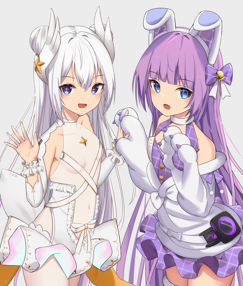 +_+ 2girls :d animal_ears azur_lane bangs blue_eyes blunt_bangs breasts choker collarbone commentary_request covered_navel detached_sleeves double_bun dress eyebrows_visible_through_hair fake_animal_ears frilled_dress frilled_skirt frills gloves hair_between_eyes hair_ornament hairband hands_together headgear highres idol le_malin_(azur_lane) le_malin_(muse)_(azur_lane) long_hair looking_at_viewer multiple_girls open_mouth paw_gloves paws plaid plaid_skirt purple_hair rabbit_ears sakutaishi see-through sidelocks simple_background skirt small_breasts smile symbol-shaped_pupils tashkent_(azur_lane) tashkent_(muse)_(azur_lane) waving white_background white_hair white_legwear wrist_cuffs