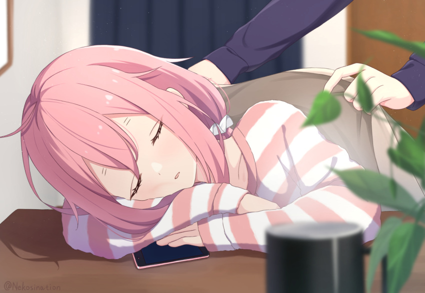 1girl ahoge bangs blanket closed_eyes cup curtains eyebrows_visible_through_hair hair_ornament hair_tie hands head_on_arm indoors kagamihara_nadeshiko long_hair mug multicolored multicolored_clothes nekosination open_mouth pajamas phone pink_hair plant sleeping solo_focus striped_clothes table twintails yurucamp