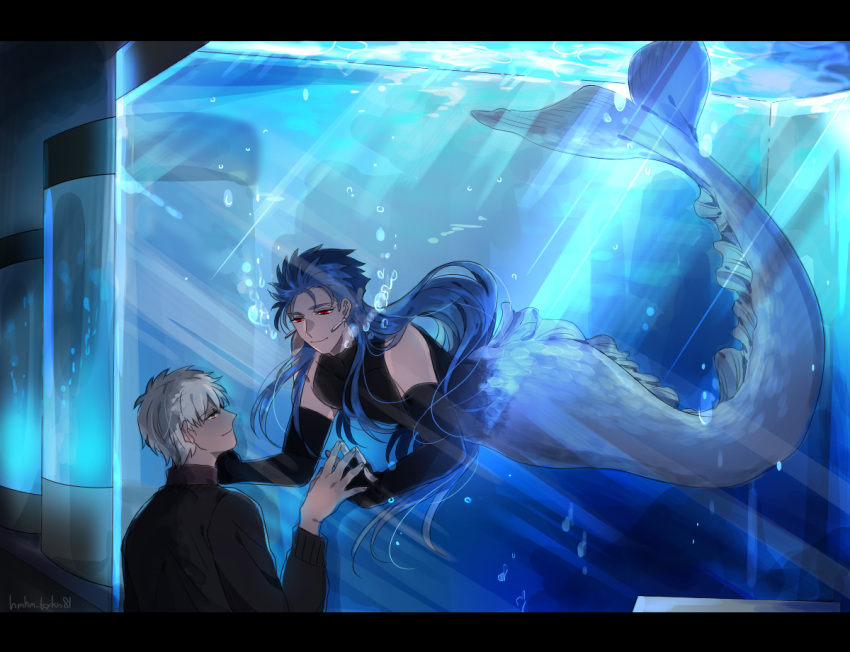 2boys aquarium archer_(fate) blue_hair brown_eyes cu_chulainn_(caster)_(fate) cu_chulainn_(fate)_(all) dark_skin dark_skinned_male elbow_gloves fate/grand_order fate/stay_night fate_(series) gloves hands_up long_hair male_focus merman monster_boy monsterification multiple_boys namahamu_(hmhm_81) red_eyes turtleneck white_hair