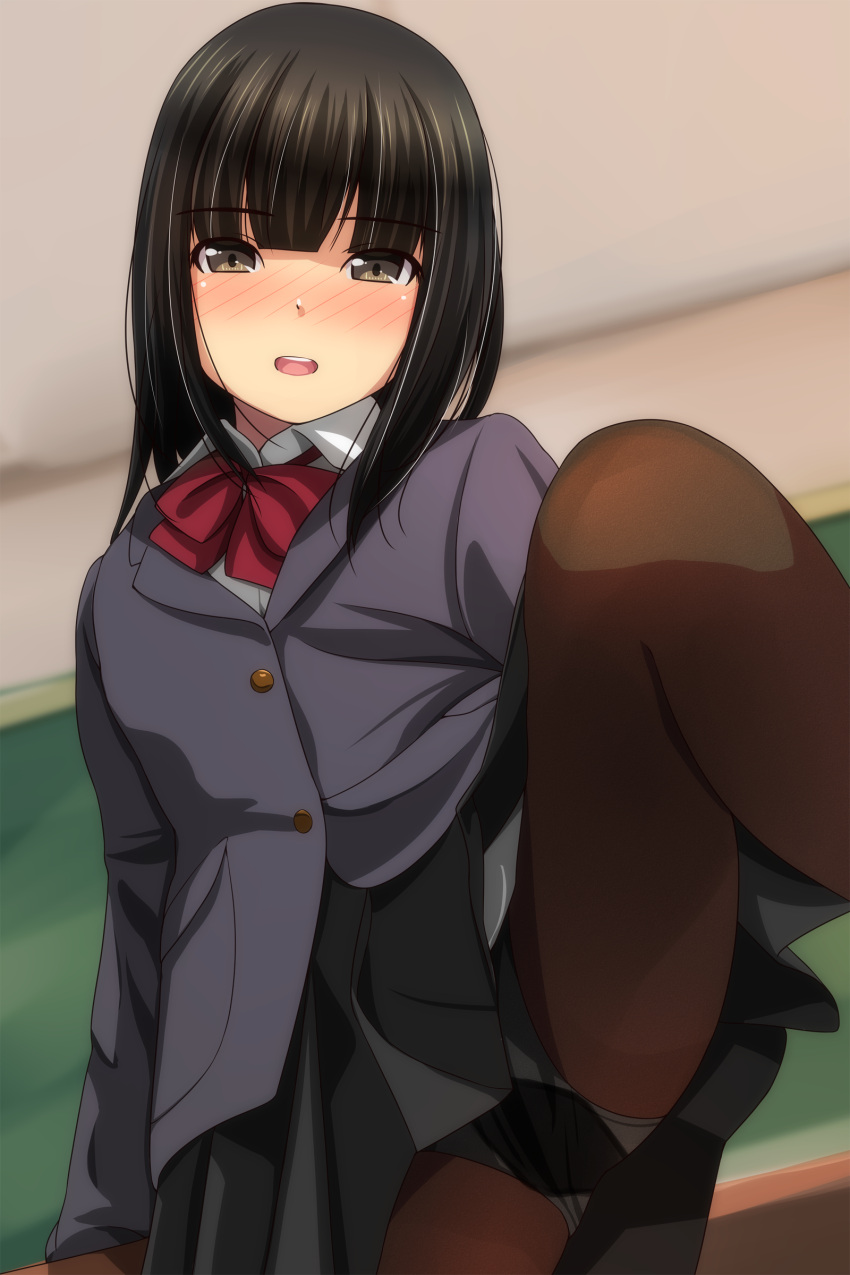 1girl :d absurdres bangs black_hair black_skirt blazer blurry blurry_background blush bow brown_eyes brown_legwear collared_shirt depth_of_field eyebrows_visible_through_hair feet_out_of_frame grey_jacket highres indoors jacket knee_up long_hair looking_at_viewer matsunaga_kouyou nose_blush open_mouth original panties panties_under_pantyhose pantyhose pleated_skirt red_bow school_uniform shirt skirt smile solo spread_legs underwear upper_teeth white_shirt