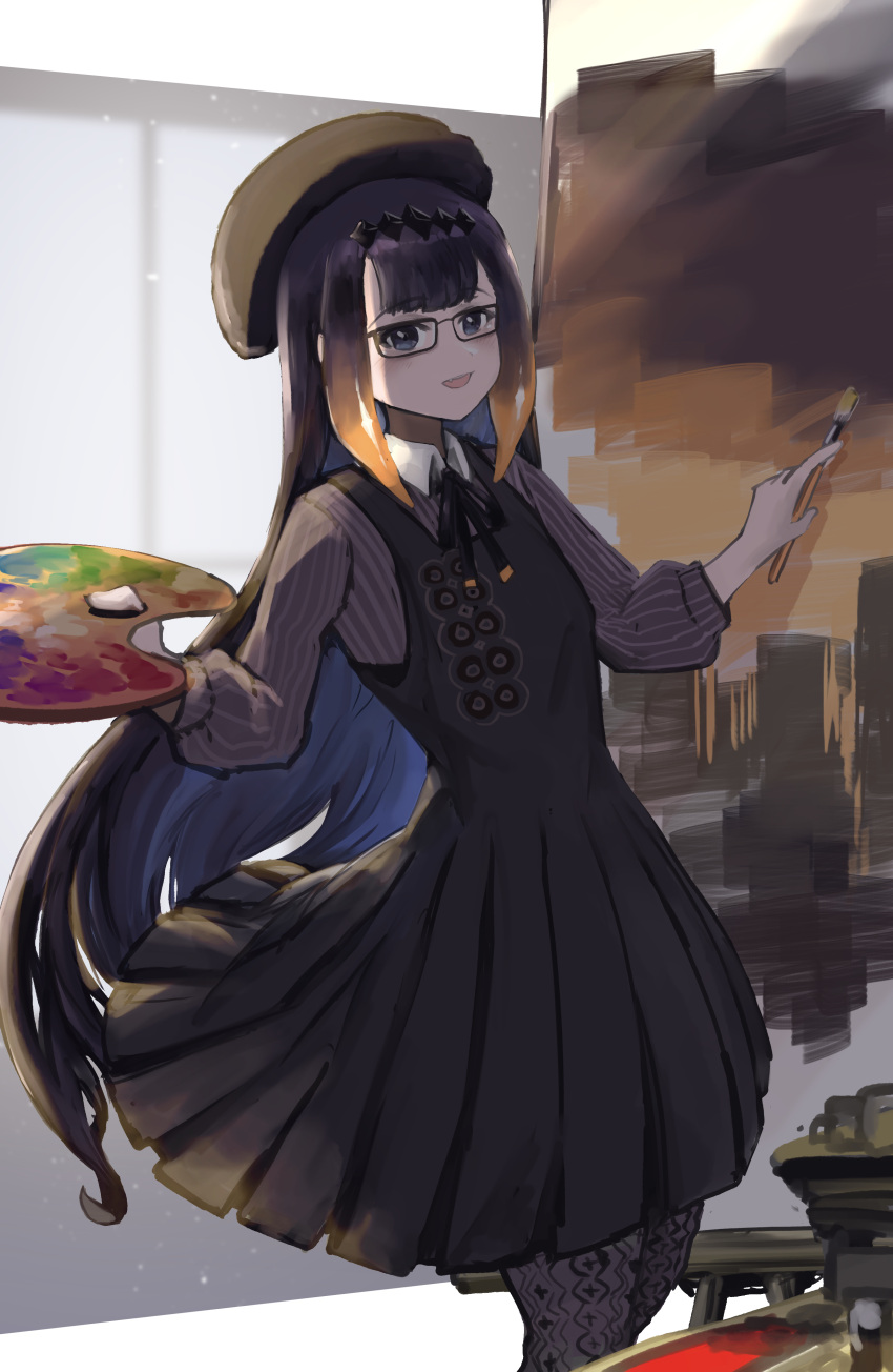 1girl absurdres bangs beige_headwear beret black_dress black_hair blush brown_eyes collared_shirt dress flat_chest glasses grey_shirt hat highres holding holding_paintbrush hololive hololive_english long_hair long_sleeves mole mole_under_eye ninomae_ina'nis official_alternate_costume open_mouth paintbrush painting painting_(object) palette shirt smile solo tentacle_hair very_long_hair virtual_youtuber vyragami