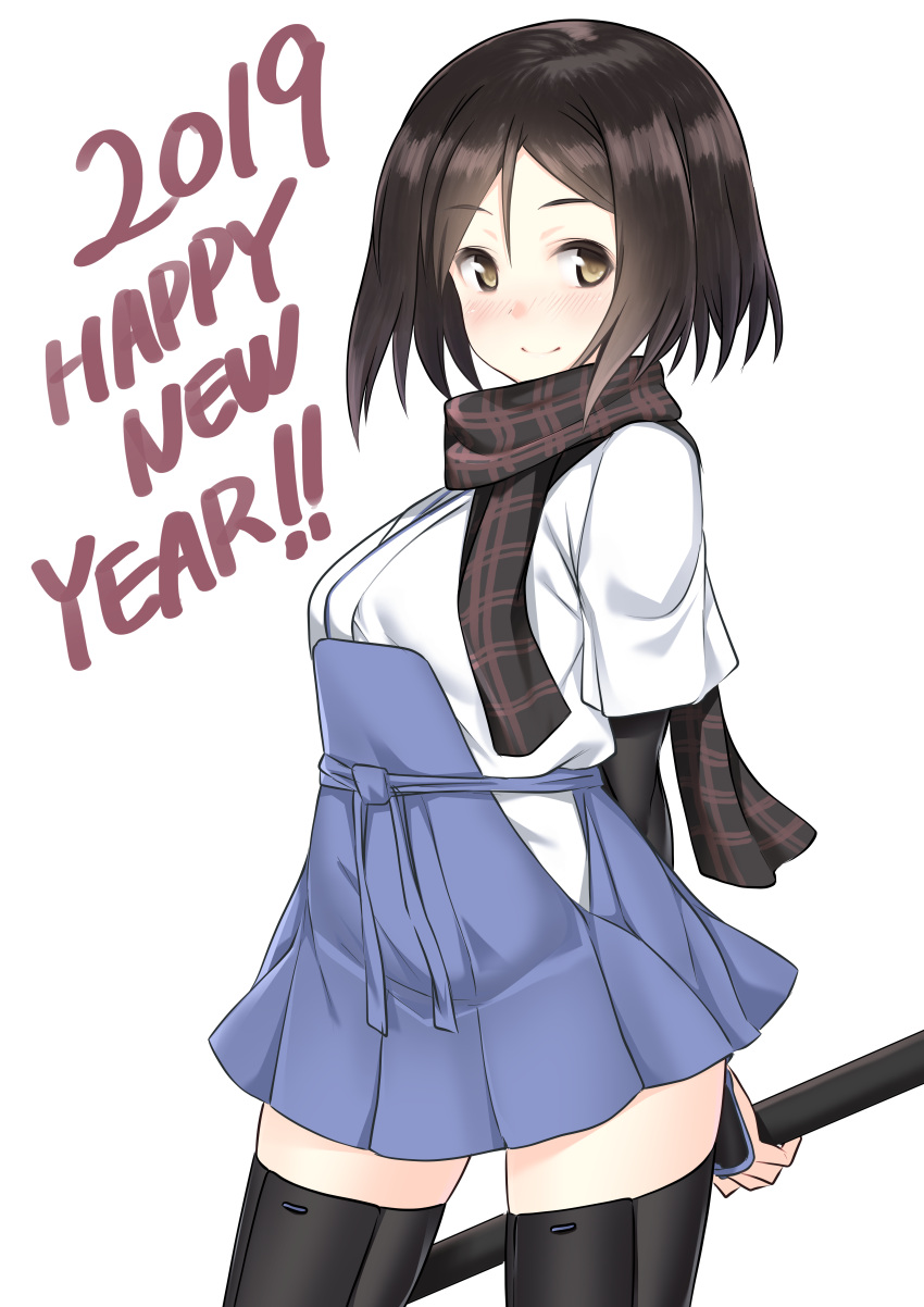 1girl 2019 a9b_(louis814) absurdres arms_behind_back bangs black_hair black_legwear black_scarf black_shirt blue_skirt bob_cut brown_eyes closed_mouth commentary cowboy_shot english_text hakama_skirt happy_new_year highres holding holding_staff japanese_clothes kuroda_kunika light_blush long_sleeves looking_at_viewer miniskirt new_year noble_witches object_behind_back scarf shirt short_hair short_over_long_sleeves short_sleeves skirt smile solo staff standing swept_bangs thigh-highs white_shirt world_witches_series