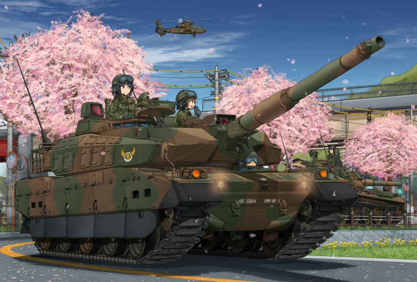 2girls 3boys aircraft cherry_blossoms clouds commentary_request day flower ground_vehicle hat helicopter highres japan_ground_self-defense_force japan_self-defense_force mikeran_(mikelan) military military_hat military_uniform military_vehicle mirror motor_vehicle mountain multiple_boys multiple_girls original road sky tank tank_helmet traffic_light type_10_(tank) type_74 uniform utility_pole