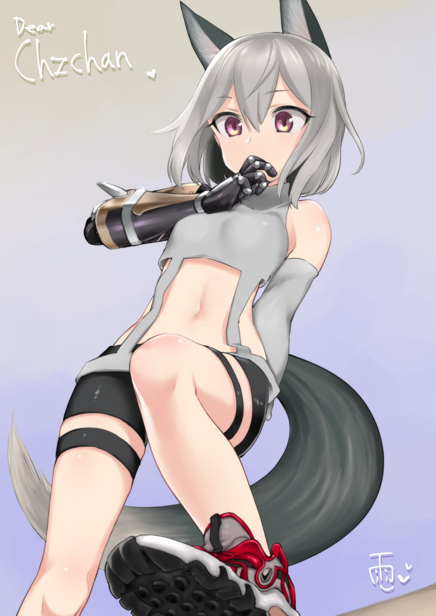 1girl animal_ears aohashi_ame arm_behind_back artist_name bangs bike_shorts black_shorts blunt_ends bob_cut breasts brown_eyes clothing_cutout commentary_request commission covering_mouth detached_sleeves dog_ears dog_tail english_text grey_hair grey_shirt halterneck heart highres knee_up mechanical_arms navel navel_cutout no_legwear original red_footwear shirt shoes short_hair shorts side_cutout signature single_mechanical_arm skeb_commission small_breasts sneakers solo tail thigh_strap world_witches_series