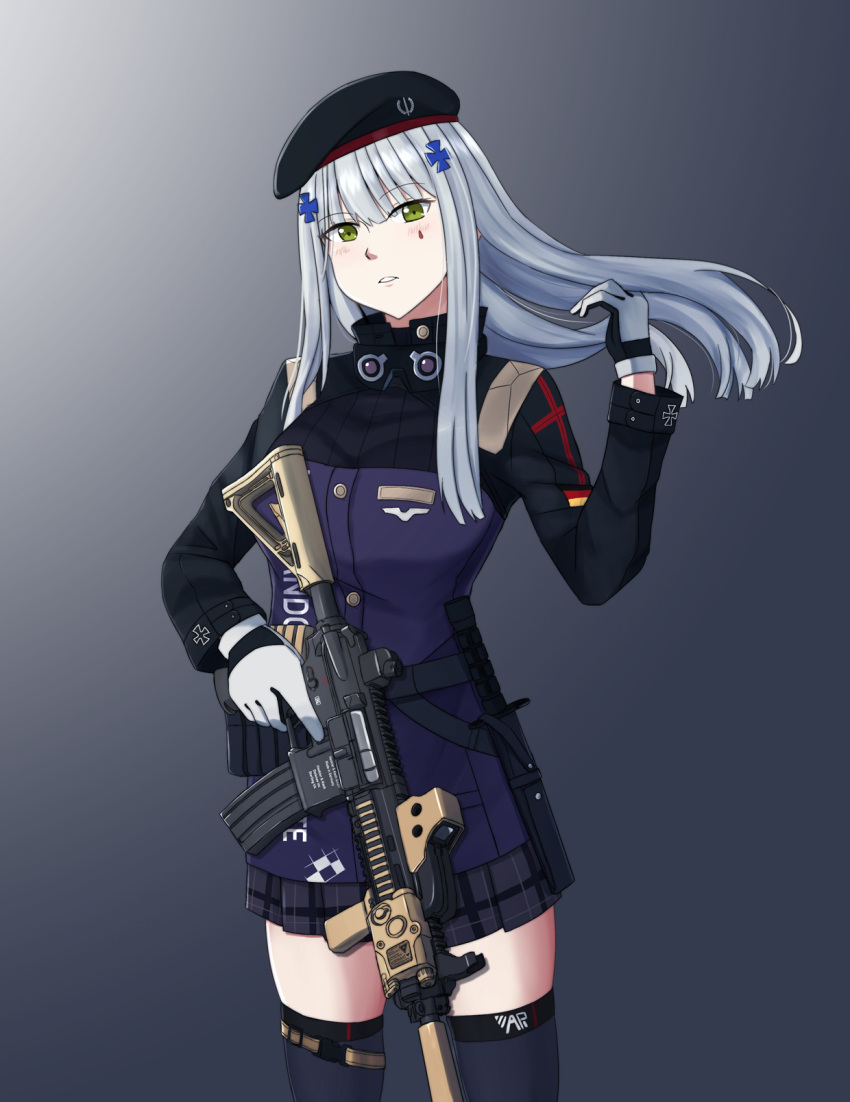 1girl assault_rifle bangs beret black_legwear blue_hair blush checkered checkered_skirt cyka eyebrows_visible_through_hair feet_out_of_frame girls_frontline gloves green_eyes gun h&amp;k_hk416 hand_in_hair hat highres hk416_(girls_frontline) holding holding_weapon holster knife_holster long_hair looking_at_viewer rifle simple_background skirt solo standing thigh-highs uniform weapon white_gloves