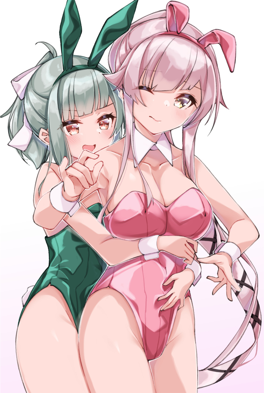 2girls absurdres animal_ears bare_legs bow bowtie breasts bunny_tail covered_navel detached_collar fake_animal_ears fake_tail flat_chest green_eyes green_hair green_leotard grey_hair hair_bow highres hug hug_from_behind kantai_collection leotard long_hair medium_breasts multiple_girls open_mouth pink_hair pink_leotard playboy_bunny ponytail rabbit_ears side-tie_leotard strapless strapless_leotard tail uut very_long_hair wing_collar wrist_cuffs yura_(kancolle) yuubari_(kancolle)