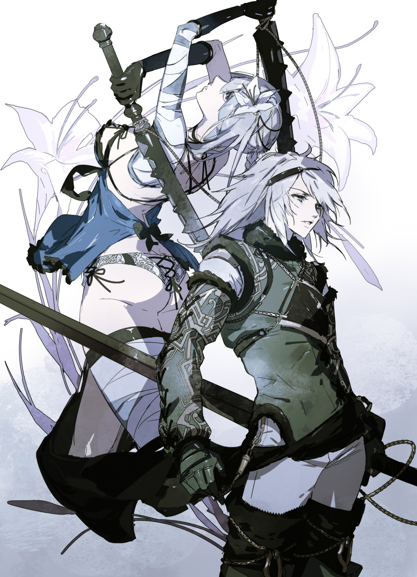 1boy 1girl absurdres asymmetrical_hair babydoll bandaged_arm bandaged_leg bandages bangs blue_eyes boots braid chain cleaver dual_wielding flower fur_trim hair_between_eyes hair_flower hair_ornament hairband headband highres holding holding_sword holding_weapon kaine_(nier) lace lace_panties lingerie lips long_hair looking_at_viewer lunar_tear negligee nier nier_(series) nier_(young) panties pants parted_lipsgloves ribbon simple_background single_braid standing sword thigh-highs thigh_boots thundergotch underwear weapon white_background white_hair