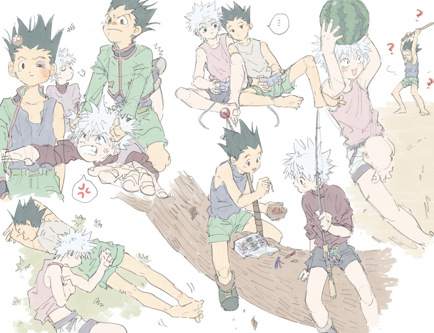 ... 2boys =3 ? anger_vein bandaid bangs barefoot black_hair blindfold clenched_teeth closed_eyes closed_mouth controller fishing_rod food fruit game_controller gon_freecss hair_pull head_bump highres holding hunter_x_hunter injury killua_zoldyck lure lying male_focus multiple_boys on_side on_stomach open_mouth playing_games shirt shorts silver_hair sitting sleeping spiky_hair spoken_anger_vein spoken_ellipsis squiggle tank_top tears teeth toripippi_7 torn_clothes watermelon