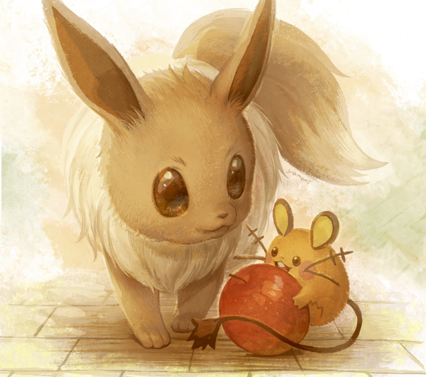 apple brown_eyes brown_fur closed_mouth commentary_request dedenne eevee fang food fruit gen_1_pokemon gen_6_pokemon highres holding holding_food holding_fruit no_humans open_mouth paws pokemon pokemon_(creature) smile standing toes yamori_(stom)