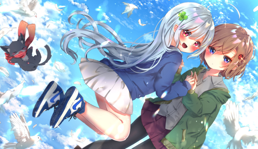 2girls :o ahoge bangs bird black_cat black_legwear blue_eyes blue_sky blush brown_hair cat clouds clover_hair_ornament dove green_jacket hair_between_eyes hair_ornament holding_hands interlocked_fingers jacket ladybug_hair_ornament long_hair long_sleeves looking_at_viewer michiru_donut midair multiple_girls original pantyhose pink_eyes shoes short_hair silver_hair skirt sky sneakers white_skirt