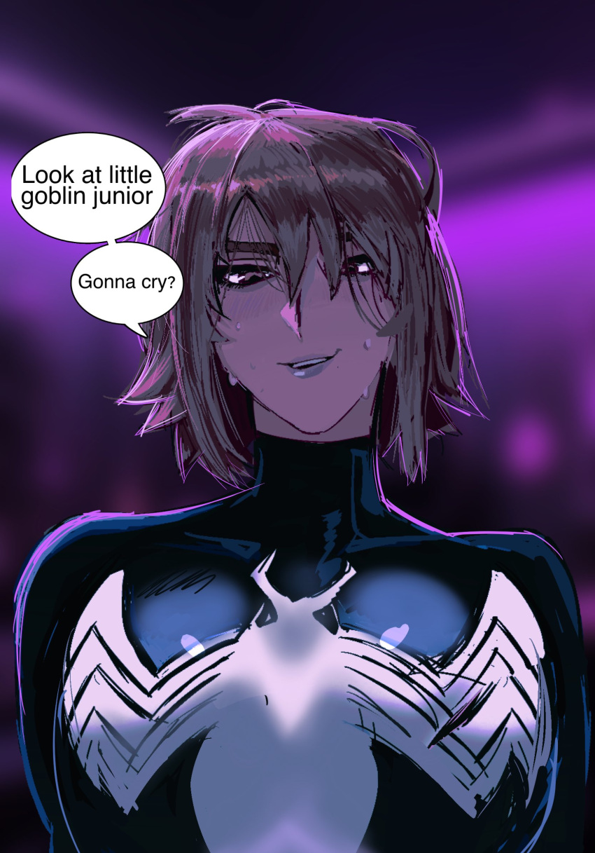 1girl brown_eyes brown_hair bully_maguire_(meme) english_text genderswap genderswap_(mtf) hair_between_eyes highres marvel meme peter_parker petra_parker_(otrebot) primusibi reference_sheet short_hair smug solo spider-man spider-man_(original_black_suit) spider-man_(series) symbiote