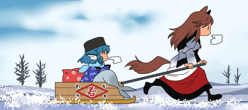 2girls animal_ears blue_hair brooch brown_hair hat head_fins imaizumi_kagerou japanese_clothes jewelry kimono long_sleeves mermaid monster_girl multiple_girls obi onikobe_rin pulling running shirt skirt sled snow tail touhou wakasagihime wide_sleeves wolf_ears wolf_tail