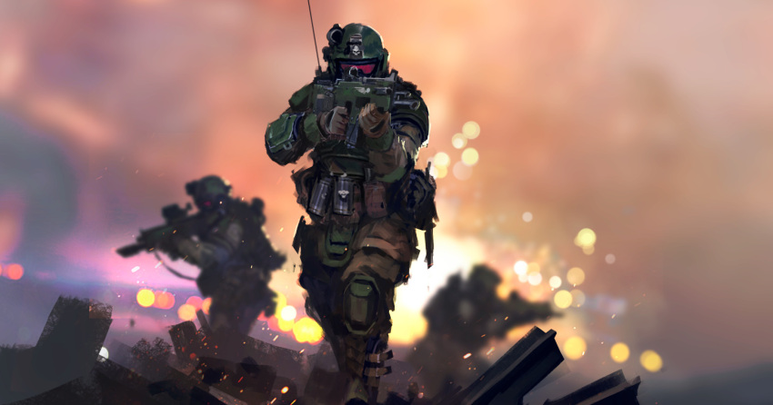 3boys aiming ammunition_pouch armor astra_militarum bulletproof_vest clouds cloudy_sky combat_helmet eddygonzlezdvila elbow_pads field_radio gas_mask gloves gun gun_sling helmet highres holding holding_gun holding_weapon kasrkin knee_pads lasgun load-bearing_equipment mask military_uniform multiple_boys pouch radio_antenna red_assault_visor ruins shoulder_armor skull sky smoke soldier sparks steel_beam stun_grenade tactical_gloves walking warhammer_40k weapon