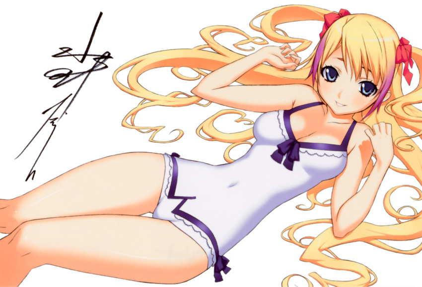 blue_eyes dragonaut highres jacqueline_baumgold long_hair makoto_uno multicolored_hair one-piece one-piece_swimsuit ribons swimsuit twintails two-tone_hair two_tone_hair wide_hips