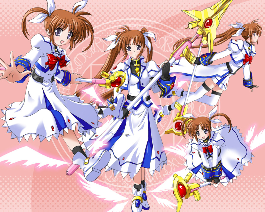 mahou_shoujo_lyrical_nanoha mahou_shoujo_lyrical_nanoha_a's mahou_shoujo_lyrical_nanoha_strikers purple_eyes raising_heart takamachi_nanoha thighhighs time_paradox wallpaper yone