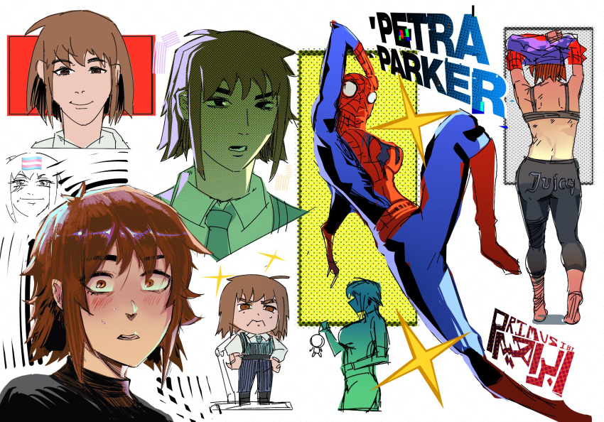 blush brown_eyes brown_hair commentary english_commentary english_text genderswap genderswap_(mtf) hair_between_eyes highres marvel meme peter_parker petra_parker_(otrebot) primusibi short_hair smug spider-man spider-man_(series) spider-woman transgender_flag