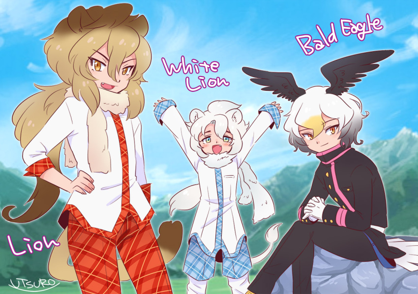 3boys animal_ears arms_up bald_eagle_(kemono_friends) bird_boy bird_tail bird_wings black_jacket black_pants blonde_hair blue_eyes blue_shorts commentary_request crossed_legs eyebrows_visible_through_hair fang fur_collar genderswap genderswap_(ftm) grey_hair hair_between_eyes hands_clasped head_wings jacket kemono_friends lion_(kemono_friends) lion_boy lion_ears lion_tail long_hair long_sleeves looking_at_viewer matching_outfit multicolored_hair multiple_boys open_mouth own_hands_together pants plaid plaid_pants plaid_shorts plaid_trim ponytail red_pants shirt short_hair short_sleeves shorts sitting tail uniform utsuro_atomo white_fur white_hair white_lion_(kemono_friends) white_shirt wings yellow_eyes