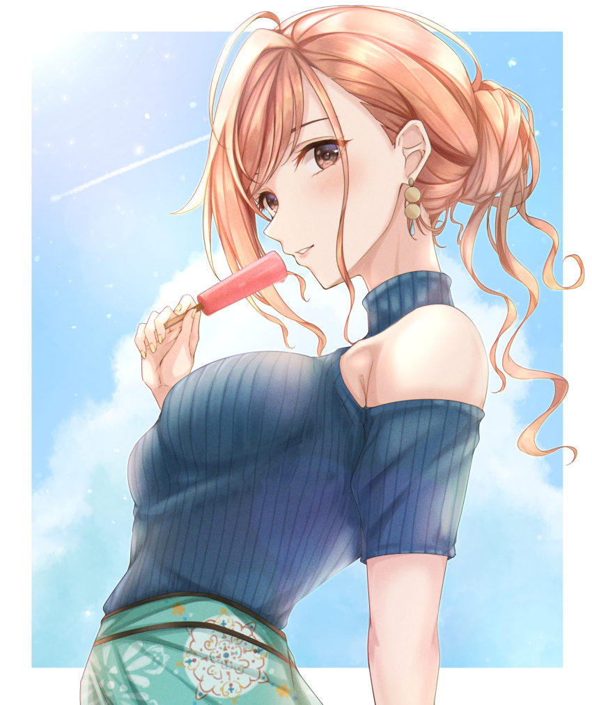 1girl alternate_hairstyle arisugawa_natsuha bangs blue_shirt blue_sky blush breasts brown_eyes clothing_cutout clouds earrings food green_skirt hair_bun highres idolmaster idolmaster_shiny_colors jewelry light_smile looking_at_viewer medium_breasts nail_polish popsicle ribbed_shirt shirt shirt_tucked_in short_sleeves shoulder_cutout sidelocks skirt sky solo turtleneck upper_body yuzuyu_(hyui)