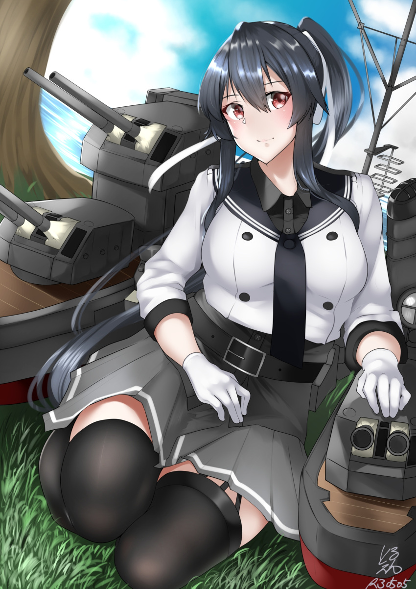 1girl belt black_hair black_sailor_collar black_shirt black_skirt breasts cannon clouds cloudy_sky controller dress_shirt eyebrows_visible_through_hair grass hair_between_eyes hair_ribbon highres indoors joystick kantai_collection large_breasts long_hair long_sleeves looking_at_viewer machinery necktie pleated_skirt ponytail radar red_eyes remodel_(kantai_collection) ribbon sailor_collar sailor_shirt shirt skirt sky smile smokestack solo thigh-highs tree turret white_ribbon white_shirt yahagi_(kancolle) z_(knkr1025)